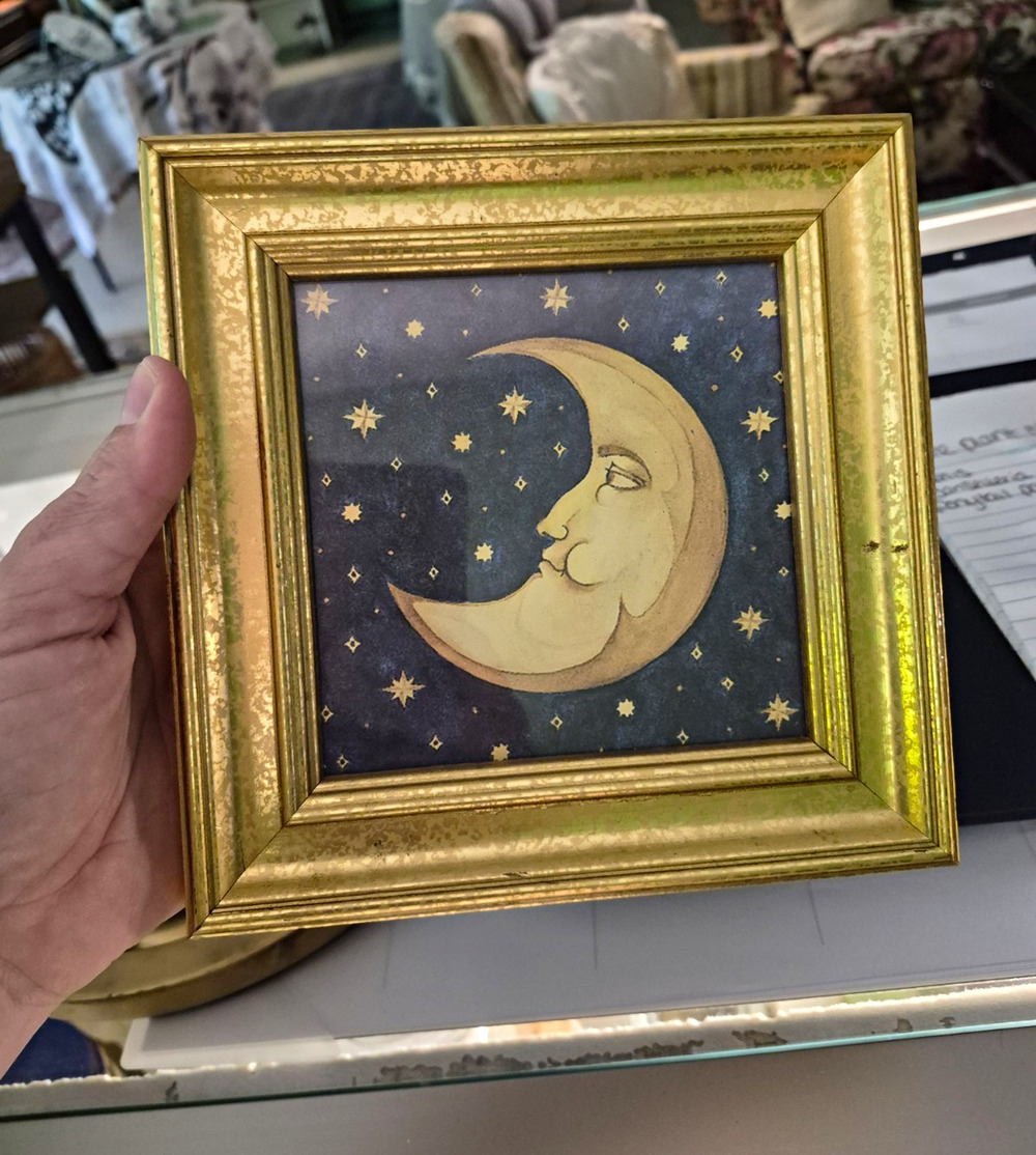 Framed celestial moon & stars print, gold & blue, vertical, ready to hang